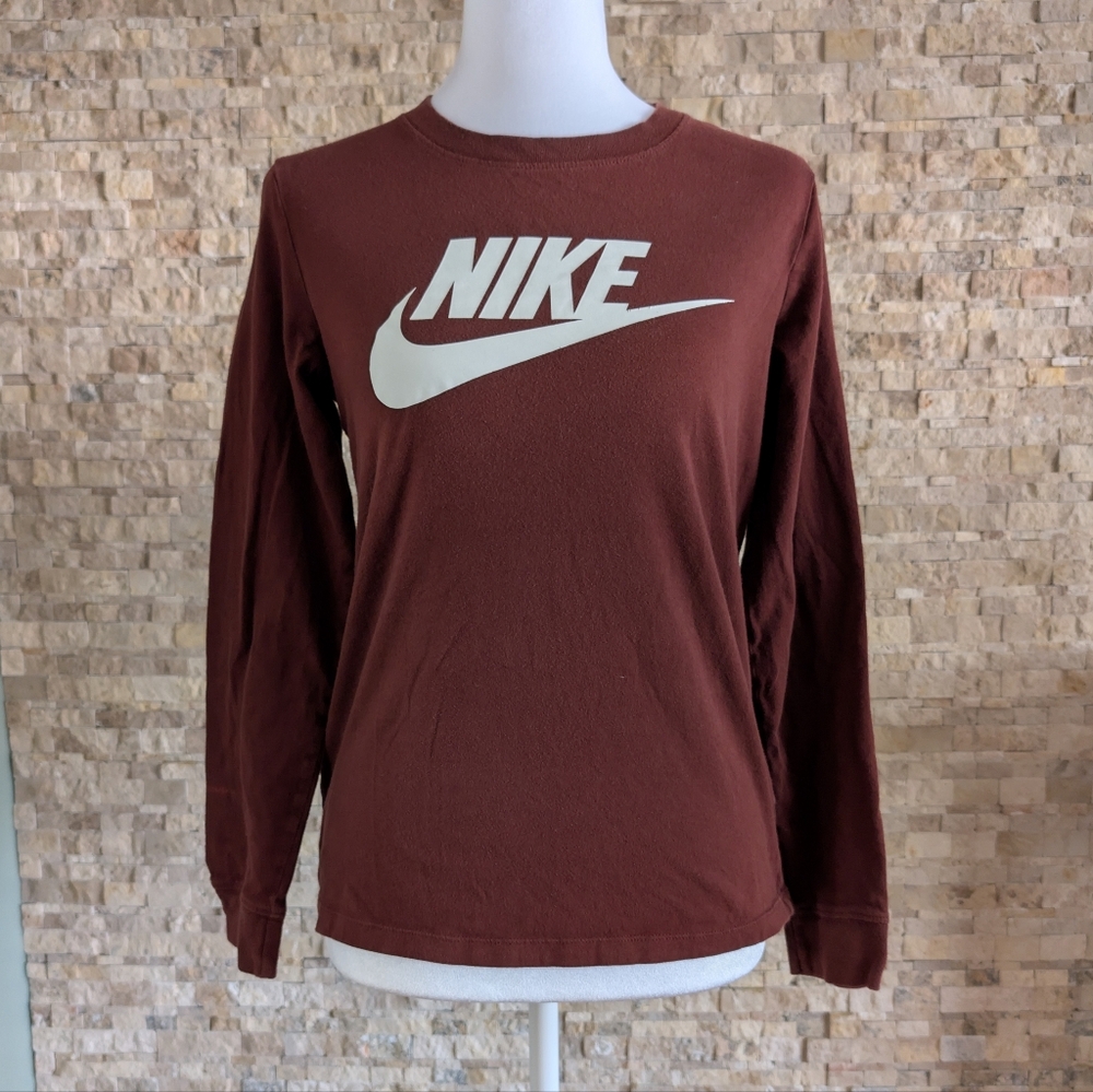 Nike Women's Swoosh Logo Bronze Brown Long Sleeve Tee Cotton Sz XS Athleisure